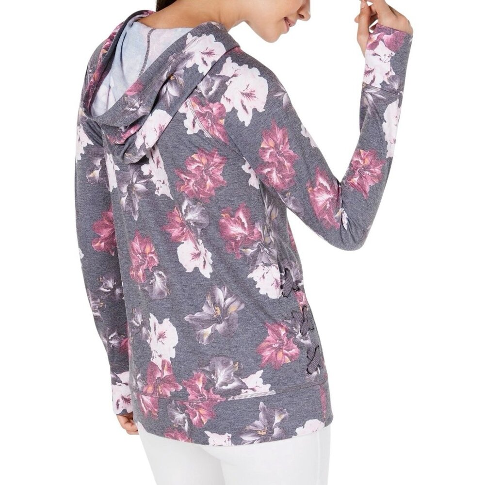 NWOT Ideology Floral-Print Lace-Up Hoodie Gray Size M - Picture 2 of 7